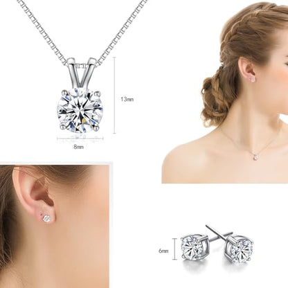 Dainty Solitaire Necklaces Stud Earrings Set For Women,White Gold Plated Simple Prom Jewelry Set Cubic Zirconia Pendant Choker Necklace And Earring Sets Wedding Jewelry For Bridal - color: 4 Prong necklace stud set