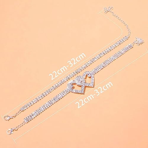 Sora Tuki Ankle Bracelets for Women Tennis Rhinestone Anklets for Women Butterfly Heart Star Cross Anklet Bracelet for Women Plus Size Anklet Bracelets for Big Ankle Beach Foot Jewelry - style: 2 - layer double heart