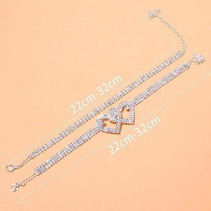 Sora Tuki Ankle Bracelets for Women Tennis Rhinestone Anklets for Women Butterfly Heart Star Cross Anklet Bracelet for Women Plus Size Anklet Bracelets for Big Ankle Beach Foot Jewelry - style: 2 - layer double heart