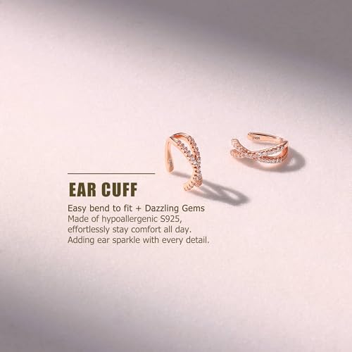 Sterling Silver Ear Cuffs Non Piercing Fake Conch Cuff Earrings for Women | 2 Pcs Adjustable Hypoallergenic Clip On Cartilage Helix Earrings with 5A Cubic Zirconia, 16K Gold Plated/Silver/Rose Gold - color: Rose gold