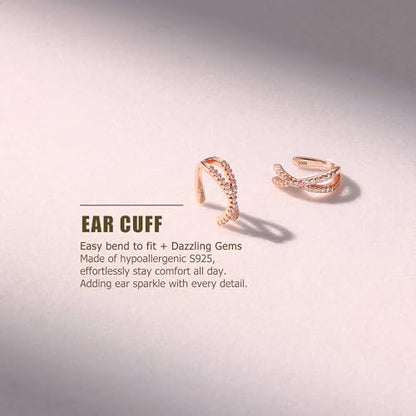 Sterling Silver Ear Cuffs Non Piercing Fake Conch Cuff Earrings for Women | 2 Pcs Adjustable Hypoallergenic Clip On Cartilage Helix Earrings with 5A Cubic Zirconia, 16K Gold Plated/Silver/Rose Gold - color: Rose gold
