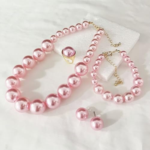 Chunky Beaded Jewelry Set, Necklace Earrings Bracelet Ring for Women Party | Simulated pearl jewelry set, necklace earrings bracelet & ring. Elegant chunky beaded, ideal gift for wedding and daily wear. - color: Pink