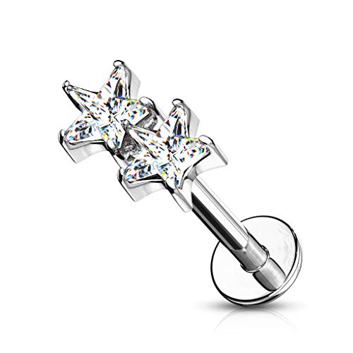Pierced Owl - 16GA Twin CZ Crystal Star Top Monroe Labret Cartilage Ear Stud - style: Silver Tone/Clear