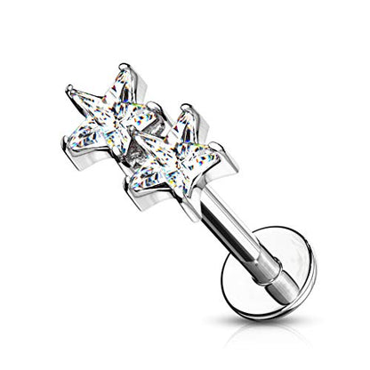 Pierced Owl - 16GA Twin CZ Crystal Star Top Monroe Labret Cartilage Ear Stud - style: Silver Tone/Clear
