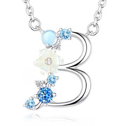 VIKI LYNN Initial Necklace for Women 925 Sterling Silver Initial A to Z Letter Pendant Necklace with Blue Flower Cubic Zirconia Birthday Engagement Gift for Women,Mom, Couple - style: Letter B