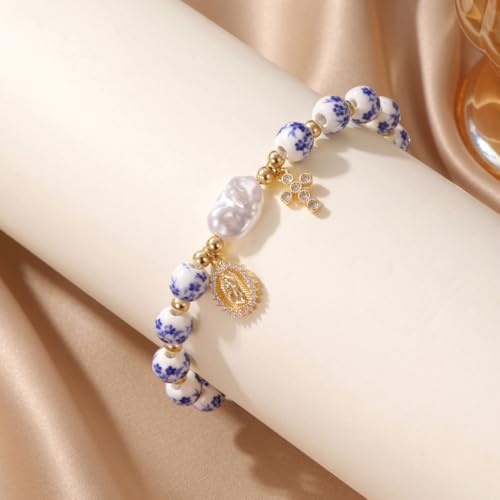 Vintage Ceramic Beads Bracelets for Women Virgin Mary Cross Charm Cubic Zirconia Blue White Porcelain Gold Tone Faux Pearl Stretch Jewelry Gifts