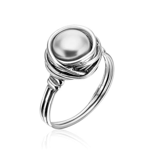 JEAN RACHEL JEWELRY 925 Sterling Silver Ring with Fresh Water Pearl Wire Wrap Vintage Design - Hypoallergenic, Nickel & Lead-free - Artisan Handcrafted Statement Rings for Women - color: Grey Pearl