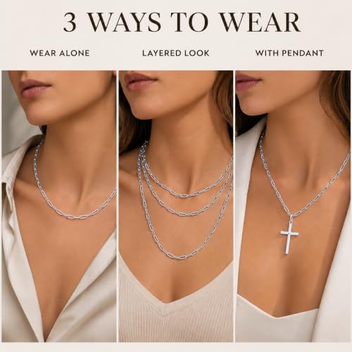 18k Gold Plated 925 Sterling Silver Chain Necklace for Women,3.0mm Thin Sturdy Paperclip Chain, Layering Necklace Tarnish Resistant Dainty Jewelry Gift 18/20/22/24/26 Inch - color: Silver, size: 22 Inch