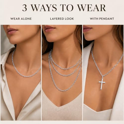 18k Gold Plated 925 Sterling Silver Chain Necklace for Women,3.0mm Thin Sturdy Paperclip Chain, Layering Necklace Tarnish Resistant Dainty Jewelry Gift 18/20/22/24/26 Inch - color: Silver, size: 26 Inch