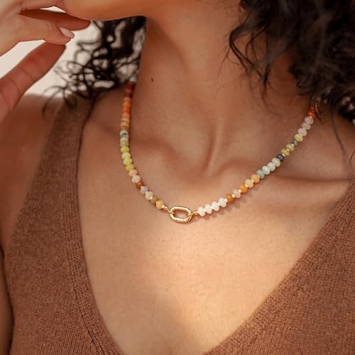 CONRAN KREMIX Colorful Stone Beaded Necklace for Women,Natural Gemstone Bead Choker Necklaces Boho Summer Beach Layering Necklace Jewelry Gift for Women - color: Colourful-A