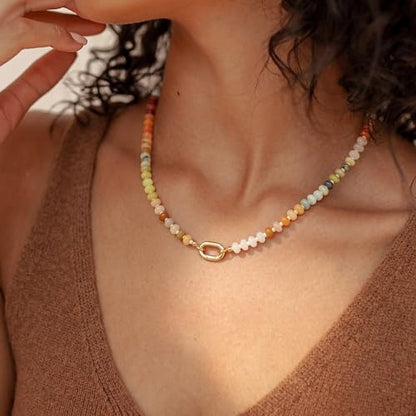 CONRAN KREMIX Colorful Stone Beaded Necklace for Women,Natural Gemstone Bead Choker Necklaces Boho Summer Beach Layering Necklace Jewelry Gift for Women - color: Colourful-A