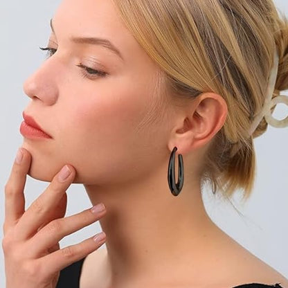 PABBEU Chunky Silver Hoops Earrings for Women Hypoallergenic | Lightweight 925 Sterling Silver Oval Hoop Earring, Sterling Silver Thick Hoop Earrings for Women Gift 25/28/30/38/40mm - color: black 40mm/ 1.57in