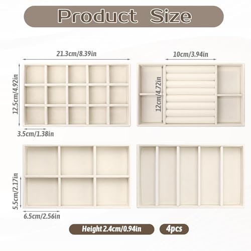 4 Pcs Stackable Jewelry Organizer Trays, 8 x 5 x 1 Inch Velvet Jewelry Trays Beige Jewellery Drawer Inserts Organizer Display Case Storage with Removable Dividers for Earring, Necklace, Rings