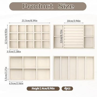 4 Pcs Stackable Jewelry Organizer Trays, 8 x 5 x 1 Inch Velvet Jewelry Trays Beige Jewellery Drawer Inserts Organizer Display Case Storage with Removable Dividers for Earring, Necklace, Rings