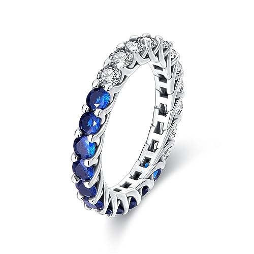 KUNSIR 925 Silver Cubic Zirconia Ring Size 7-9 Wedding Band Sterling Silver Eternity Ring Modern Style - style: Zircon Blue Silver Ring