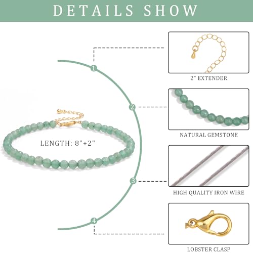 Natural Stone Beaded Anklets for Women, Handmade Boho Clear Quartz 4mm Crystal Beads Anklet, Gold Chain Adjustable Ankles Bracelet, Beach Summer Jewelry Gemstone Foot Bracelet Gift - color: Green Aventurine