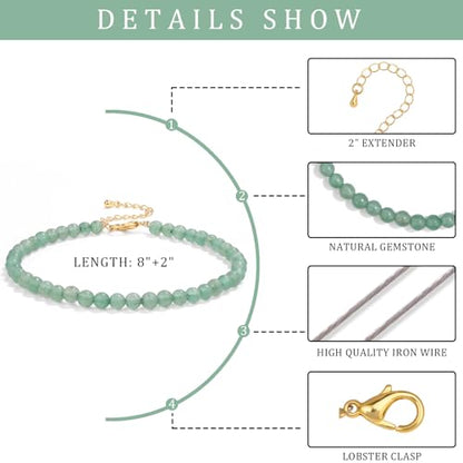 Natural Stone Beaded Anklets for Women, Handmade Boho Clear Quartz 4mm Crystal Beads Anklet, Gold Chain Adjustable Ankles Bracelet, Beach Summer Jewelry Gemstone Foot Bracelet Gift - color: Green Aventurine
