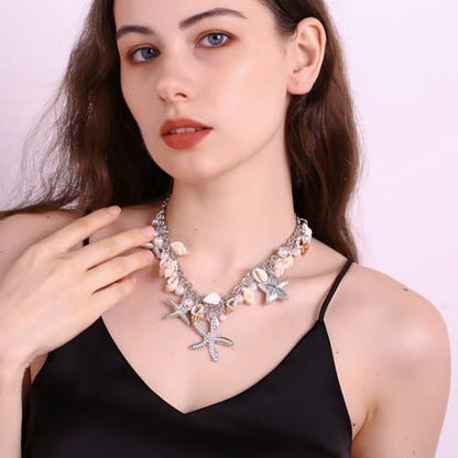RUOFFETA Shell Starfish Necklace Bracelet Conch Statement Chunky Necklace Mermaid Costume Jewelry Beach Jewelry for Women - style: Necklace Silver