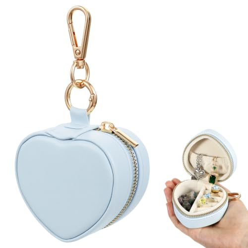 Small Jewelry Travel Case with Keychain Mini Jewelry Box for Rings Earrings Necklaces PU Leather Zipper Heart Jewelry Pouch for Women Travel Essentials Blue - color: blue