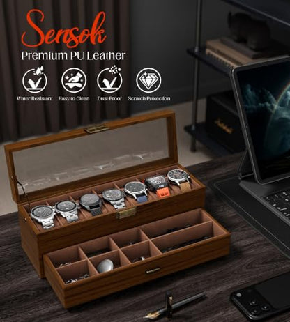 Watch Case Box for Men - Ultra-thin Frame Wide Display 7 Slots 2-Layer Wood Grain Watch Storage Organizer with Jewelry Drawer, Real-glass Display Case Collection Box Gift for Dad Husband - size: 7 Slots, Wooden Pattern