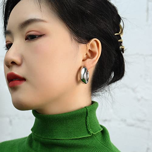 Waterproof Thick Gold Chunky Hoops Earrings for Women Non Tarnish,Gold Plated Hypoallergenic Open Hoop Earrings,Lightweight Hollow Earrings - color: Silver