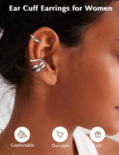 4Pairs 14K Gold Plated Ear Cuff Earrings for Women Non Piercing Jewelry | Hypoallergenic Earring Cuff for Sensitive Ears 14K Gold Silver Plated Non Tarnish Clip On Cartilage Fake Earring Set Trendy - color: Mid Silver Tone-Chunky