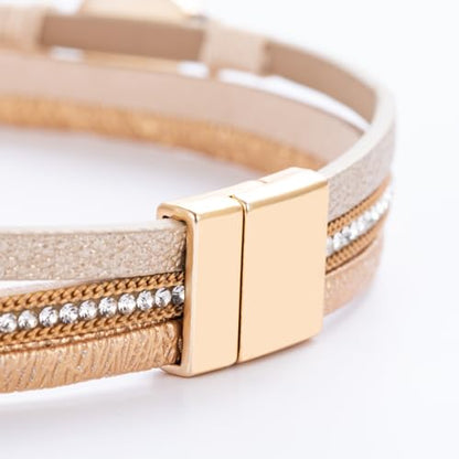 Boho Chunky Leather Wrap Bracelets Stackable Beaded Western Country Jewelry | Crystal Bead Trendy Layered Cuff Magnetic Clasp Stack Bohemian Statement Costume Outfits Cowgirl Fashion Hippie Accessories - color: Cream, size: 14.7"