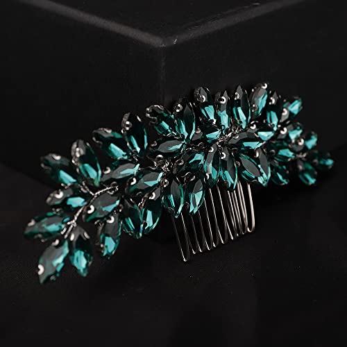 Teyglen Women's Dainty Simple Rhinestone Hair Comb - Luxurious Shiny Bridal Side Hair Accessory for Weddings (Silver-Green) - color: Silver-Green