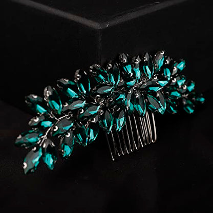 Teyglen Women's Dainty Simple Rhinestone Hair Comb - Luxurious Shiny Bridal Side Hair Accessory for Weddings (Silver-Green) - color: Silver-Green