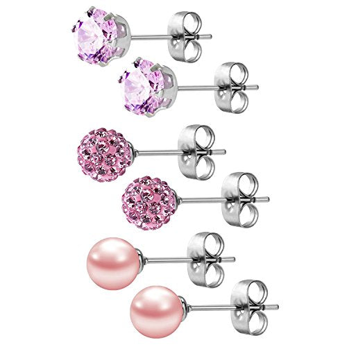 JewelrieShop Birthstone Studs Earring Set Cubic Zirconia Rhinestones Crystal Ball Faux Pearl Stainless Steel Stud Earrings for Women Jewelry Gift (6mm Round,3 Pairs) - color: 10) Oct. - Pink