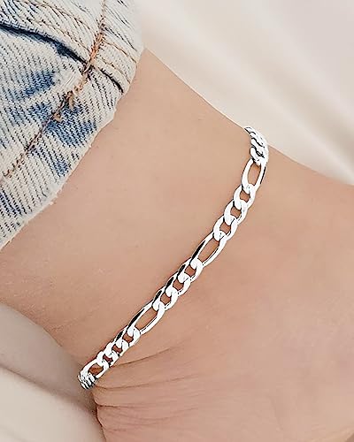 Sterling Silver Ankle Bracelets for Women Strong Lobster Clasp - Cuban Link, Figaro, Rope, Flat Mariner, Snake Herringbone, Satellite, Paperclip - Summer Beach Waterproof Silver Anklet - color: Figaro,Curb,Rope