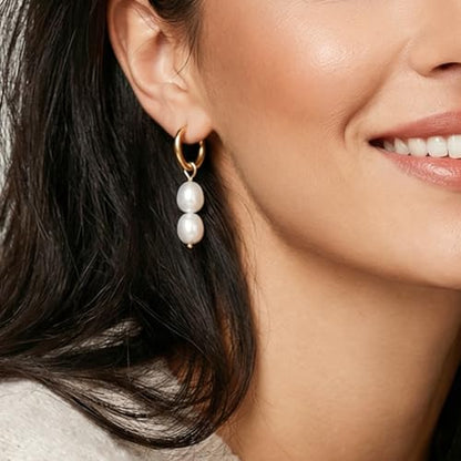 Pearl Earrings VeroSteel Dangle Earrings for Women, Dainty 14k Gold Huggie Hoop Earrings with Pearls, Trendy Pearl Drop Earrings, Stainless Steel Hypoallergenic Stud Earrings For Sensitive Ears - style: Double Pearl
