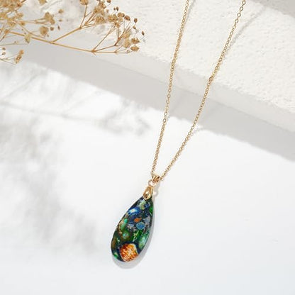 Joya Love 14K Gold Plated Healing Stone Teardrop Pendant Necklace for Women, Waterproof Stainless Steel Chain, Colorful Natural Stone Look, Boho Spiritual Jewelry Gift - color: Colorful -Gold-02