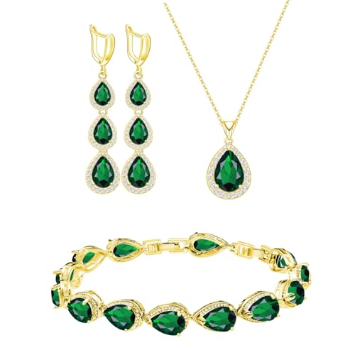 LMXXVJ Necklace Long Earrings Bracelet Set, White Gold Plated Created Blue Sapphire Jewelry Set Wedding Party Gift Jewelry for Women Bridal Bridesmaid - color: Gold-Green