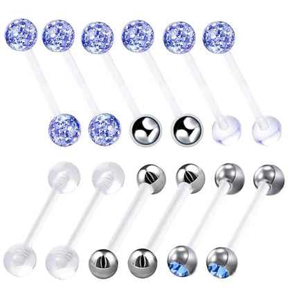 12pc Flexible Acrylic Bar Coated CZ Crystal Ball Barbell Tongue Ring Stud Nipple Body Piercing Bioflex Retainer Jewelry Set - color: Light Blue