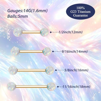 FUNLMO 1 Pair Nipple Piercing Jewelry Titanium Nipple Rings Internally Threaded Tongue Rings Bridge Piercing Jewelry Opal Nipple Barbells - color: Gold, White Opal Ball