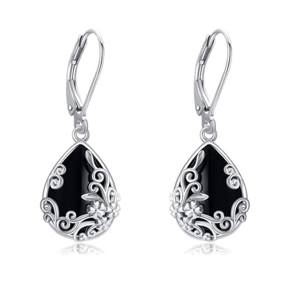 Black Onyx Earrings 925 Sterling Silver Black Onyx Dangle Drop Earrings Filigree Jewelry Gift for Women Girls - style: Filigree