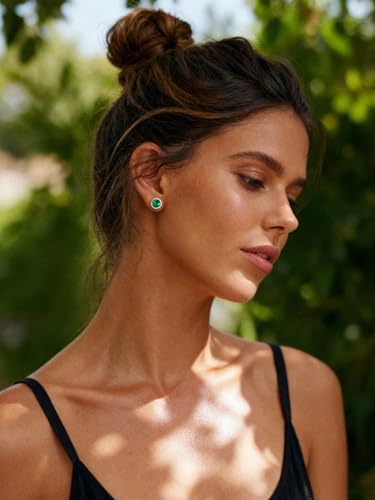 Bestyle Authentic 925 Sterling Silver 2 Carat Birthstone Earrings for Women, More Sparkle Heart/Round Solitaire Diamond Studs Earrings, Great Birthday/Christmas/Anniversary Jewelry for Wife Mother - color: 05. May Emerald-Round