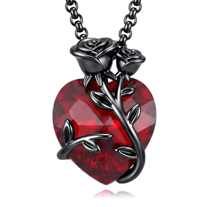Gothic Necklace 18K Black Gold Plated Black Rose Rib Cage Heart Crystal Pendant Necklace Goth Skull Skeleton Jewelry Gifts for Women Halloween Gothic Party - color: Black Rose-B)