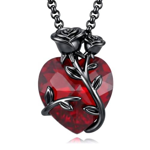 Gothic Necklace 18K Black Gold Plated Black Rose Rib Cage Heart Crystal Pendant Necklace Goth Skull Skeleton Jewelry Gifts for Women Halloween Gothic Party - color: Black Rose-B)