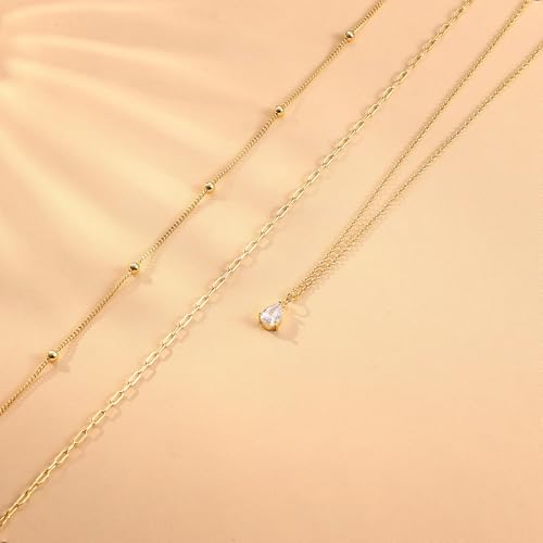 Kakonia Layered Gold Necklaces for Women, 3-Piece Gold Necklace Stack | 14K gold plated pendant necklace set, 3 dainty gold chains, trendy jewelry for women, ideal for weddings, proms or gifting - style: Teardrop-shape CZ Pendant