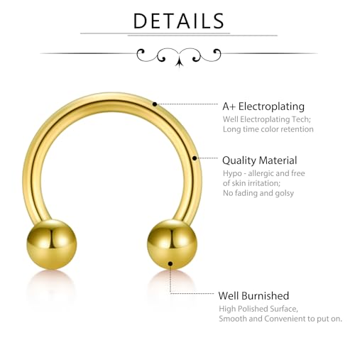 D.Bella 16G 18G 20G Horseshoe Septum Rings Surgical Steel Nose Piercing Jewelry Cartilage Helix Tragus Earring Hoop Eyebrow Lip Retainer for Women Men 6mm 8mm 10mm 12mm - color: 16g-6mm 8mm 10mm 12mm -Gold