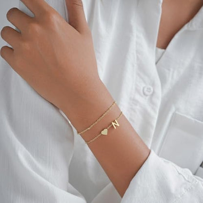 Gold Initial Bracelets for Women Trendy, Dainty Layered 14K Gold Plated Heart Letter Charm Bracelets, letter beads for name bracelets Jewelry Gifts - color: Gold-N