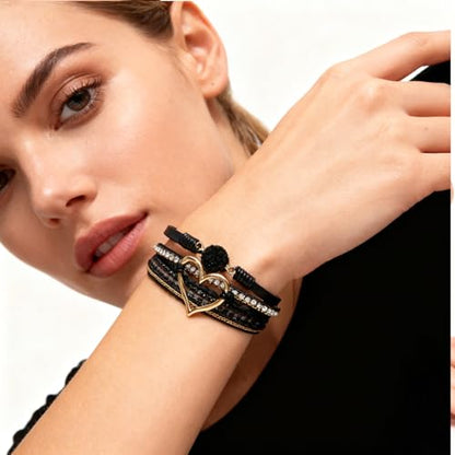 Leather Wrap Bracelets for Women, Boho Leopard Multi-Layer Crystal Beads Cuff Jewelry - color: J-Warp-018