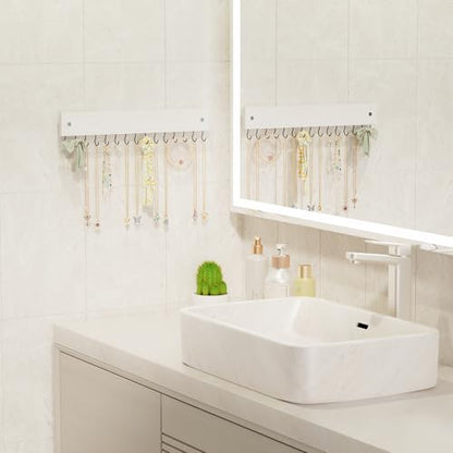Lolalet Wooden Necklace Holder for Wall with 15 Hooks -White | Wall Mount Jewelry Hangers for Necklaces, Chains, Bracelets and Earrings, Tangle-free, Easy to Install - color: White