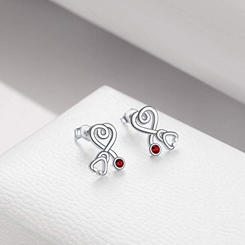 Stethoscope Earrings 925 Sterling Silver Heart Studs Earrings 12 Months Birthstone Crystals from Austria, Graduation Jewelry Gifts for Nurse Doctor RN Medical Student - color: Simulated Ruby