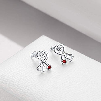 Stethoscope Earrings 925 Sterling Silver Heart Studs Earrings 12 Months Birthstone Crystals from Austria, Graduation Jewelry Gifts for Nurse Doctor RN Medical Student - color: Simulated Ruby