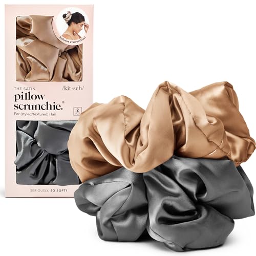 Kitsch Pillow Satin Scrunchies for Women - Charcoal & Gold, 2pcs | Wake Up Frizz-Free, No Crease Large Hair Ties, Softer Than Silk Scrunchies, Stylish Hair Accessories For All Hair Types - color: Gold