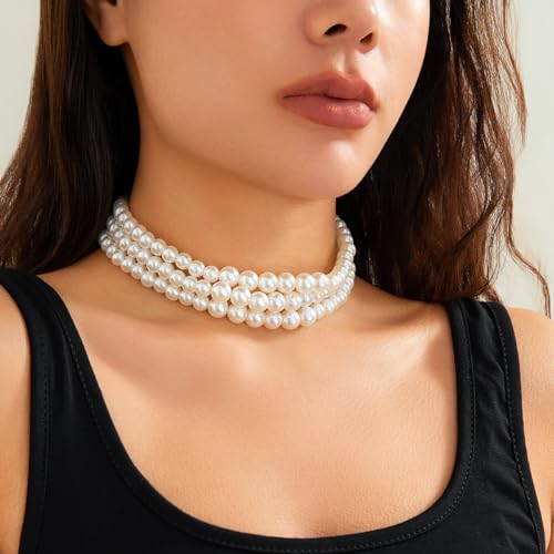 Boho Choker Necklaces for Women - Faux Round Pearl Layered Fashion Chunky Thick Clavicle Necklace Wedding Bride Jewelry Gifts - color: Style B