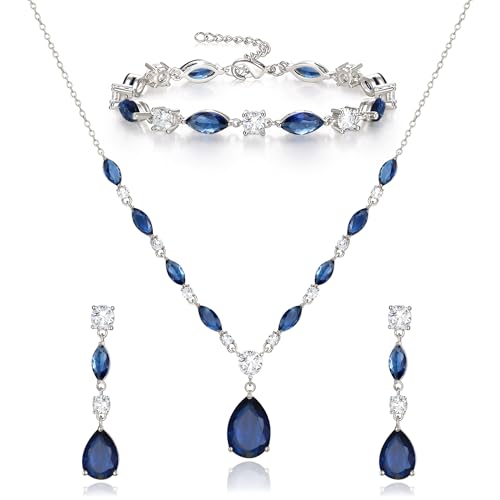 Teardrop Marquise Cubic Zirconia Wedding Prom Jewelry Set for Women Bridal | Silver/Gold/Rose Gold Plated, Pear Cut Pendant Necklace Drop Earrings Link Bracelet, for Bride Bridesmaid, for Banquet Party - style: B_Three Set, Blue Silver-Tone (Teardrop)